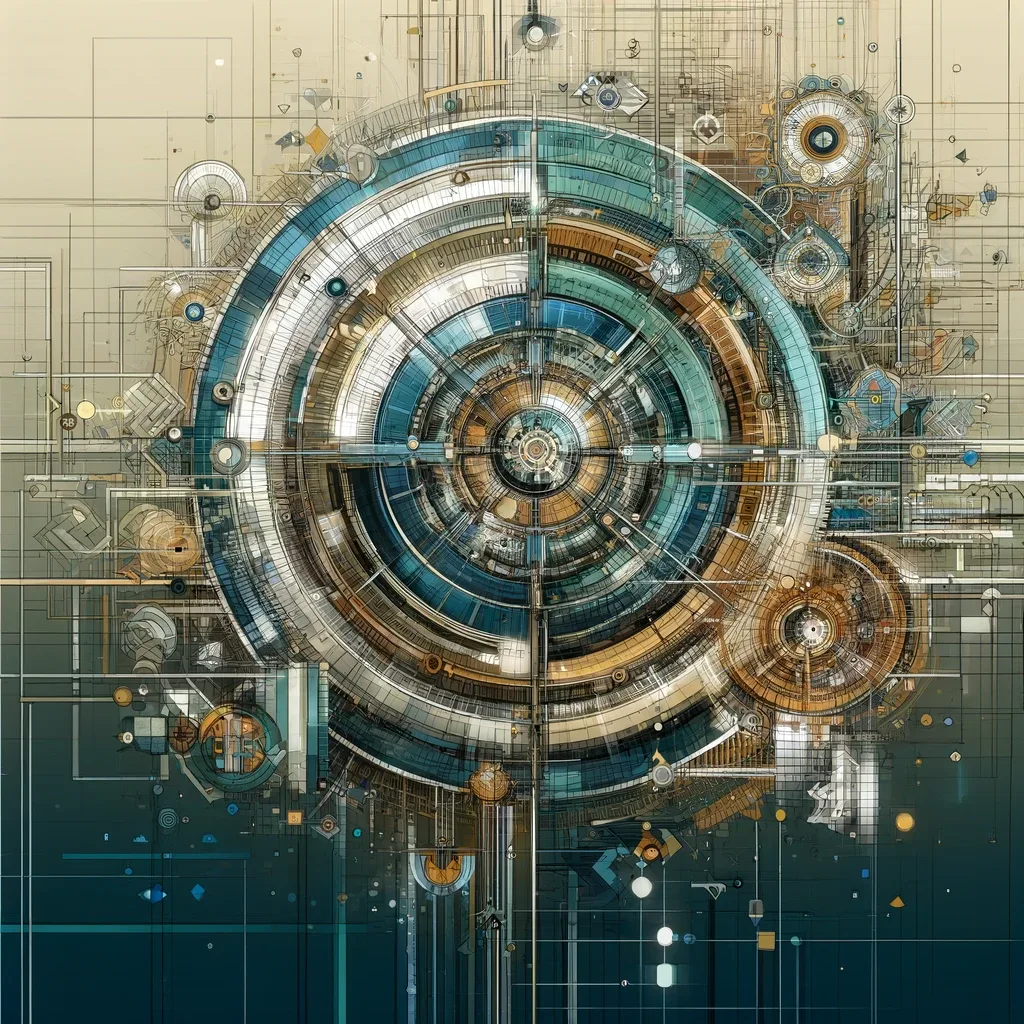 An abstract image featuring intricate patterns and geometric shapes in light teal and electric gold, symbolizing the complexity of technical software.