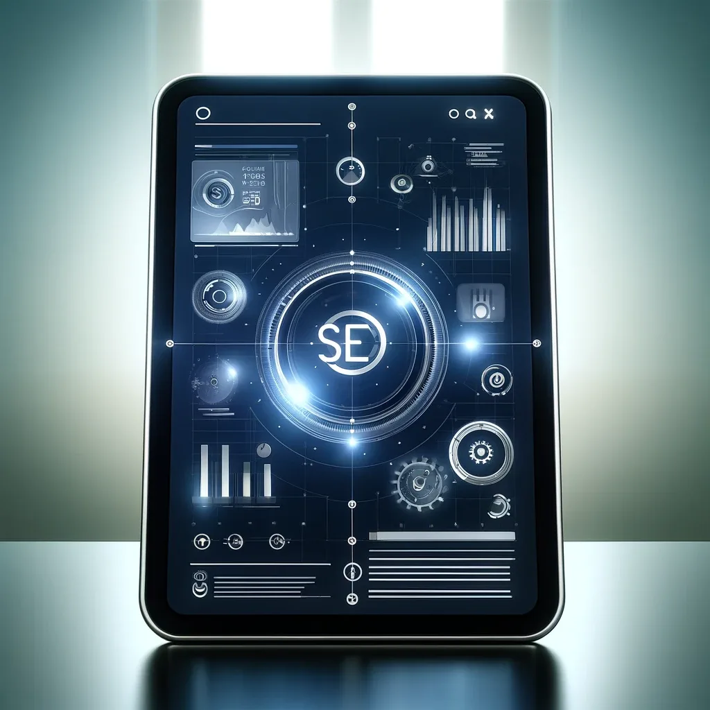 A futuristic design of an SEO-optimized website displayed on a tablet, reflecting modern trends and technologies.