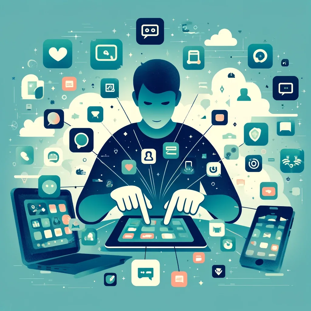 Illustration of a person using a smartphone, tablet, and laptop, with various app icons floating around them on a gradient background from light teal to electric gold.