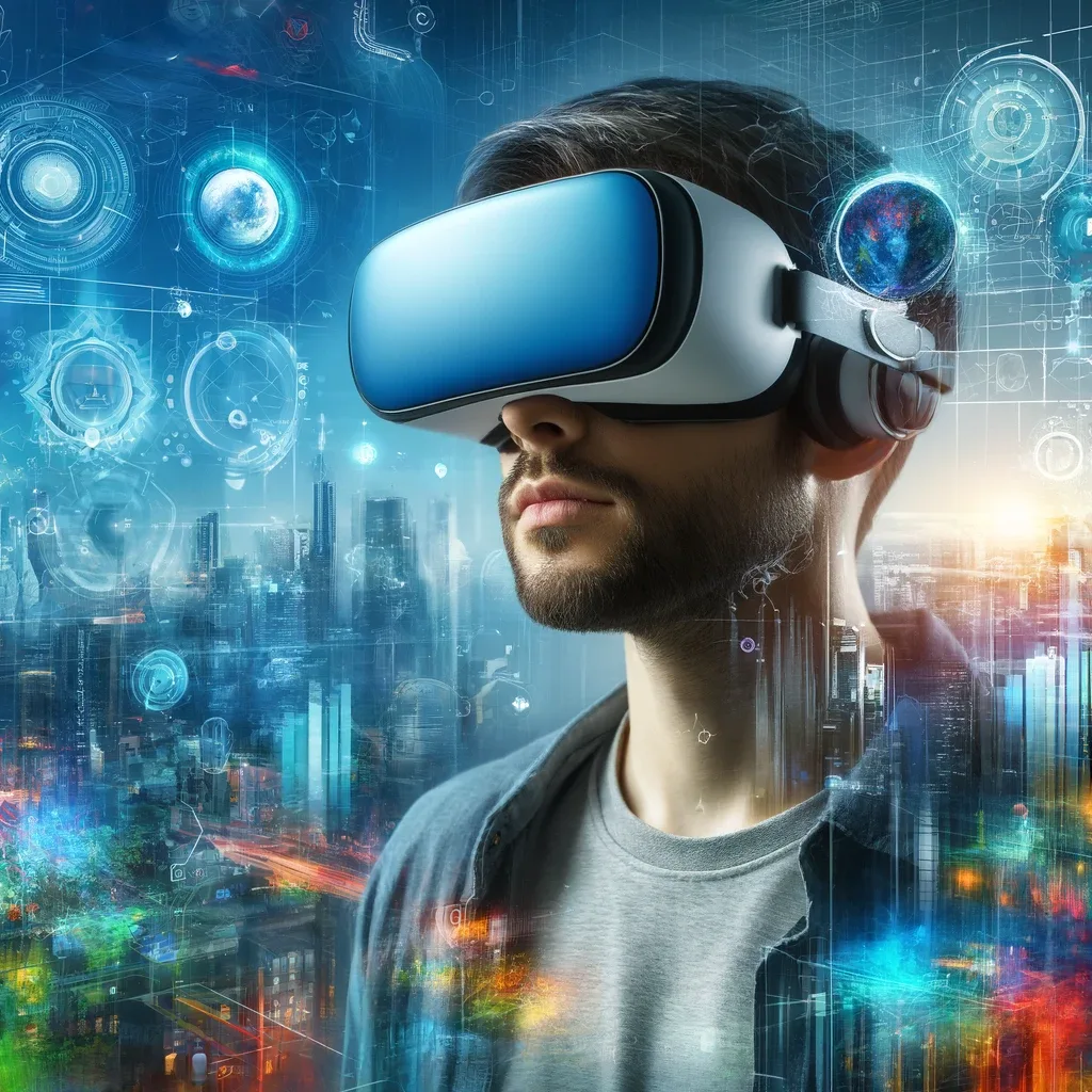 A user wearing a modern VR headset is deeply engaged in a vibrant, interactive digital world, showcasing a fusion of futuristic user interfaces and realistic element