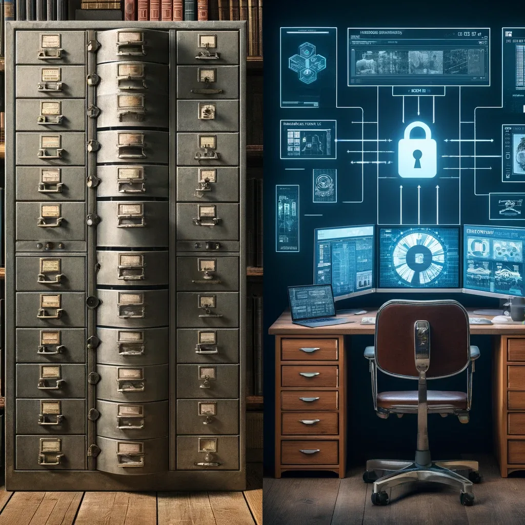 split-view image depicting the evolution of IT security, with a traditional office featuring locked filing cabinets on one side, and a contemporary office equipped with advanced cybersecurity technology on the other