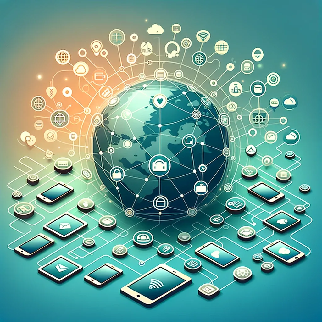 Illustration showing a network of interconnected devices and app icons, symbolizing the global reach and integration of leading applications in 2024, on a gradient background from light teal to electric gold.