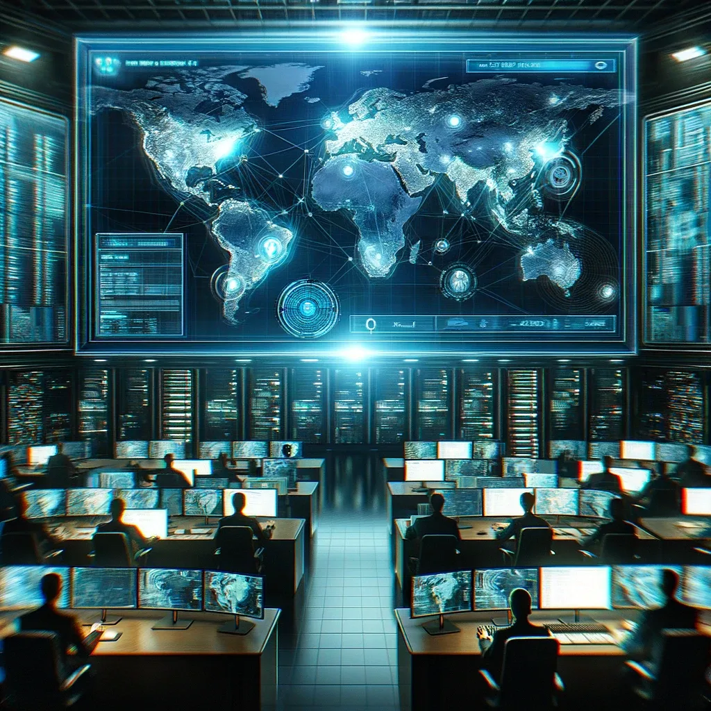 A dynamic view inside a sophisticated security operations center, showing a large digital screen with a world map highlighting active cyber attacks