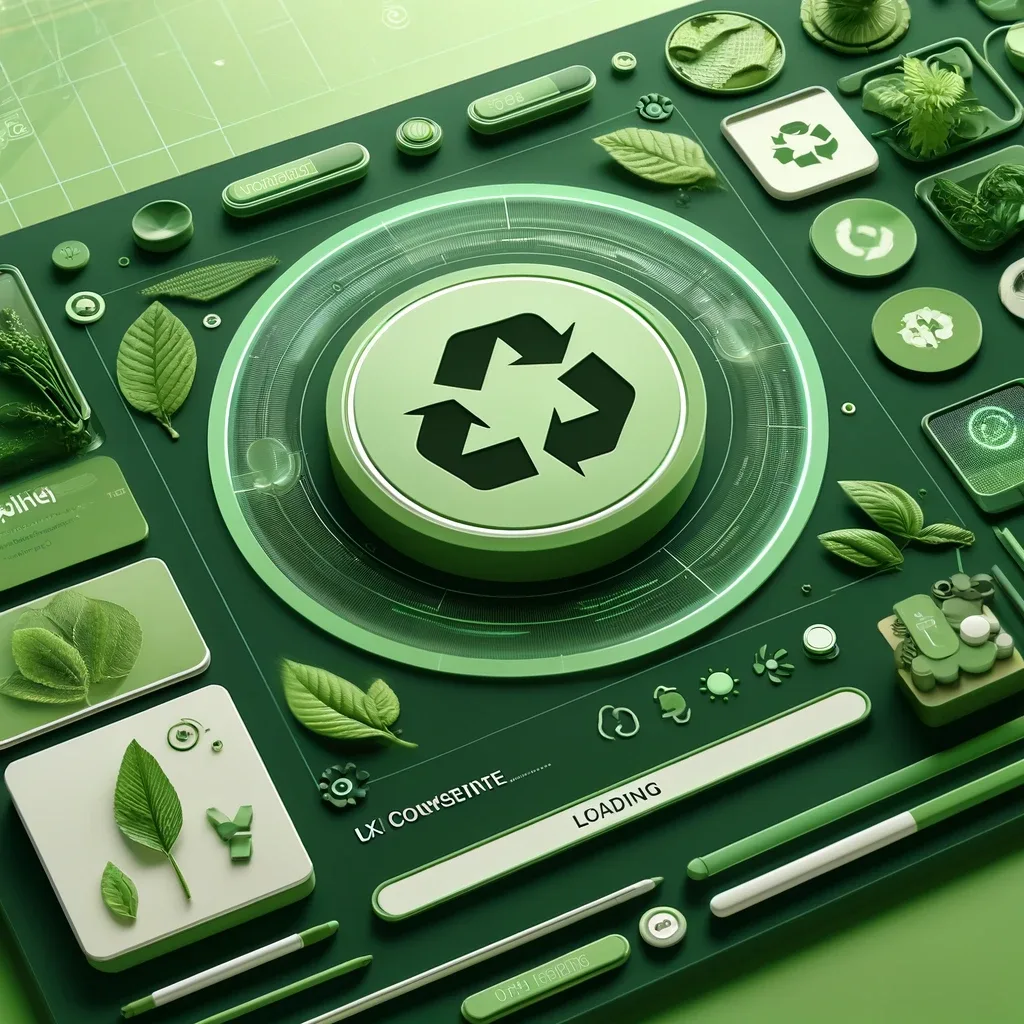 A digital interface showcasing an eco-friendly theme with a green color palette, leaf icons, and elements symbolizing recyclability, highlighting modern UX design trends that promote environmental values