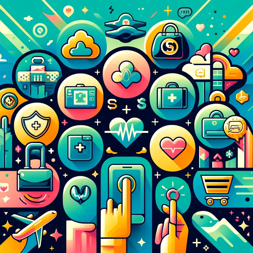 Illustration depicting various life aspects such as travel, healthcare, finance, shopping, and entertainment, with icons illustrating apps that enhance these areas on a vibrant background with light teal and electric gold accents.