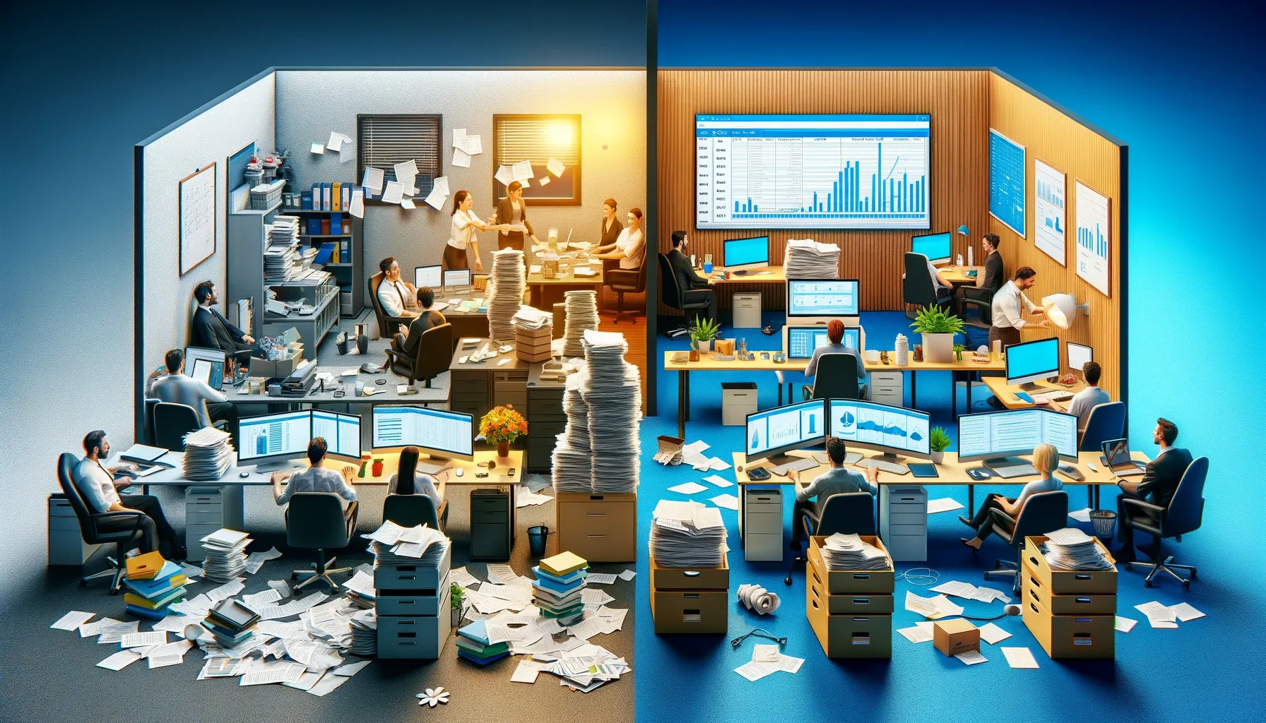 Split-screen image showing a disorganized business office without workflow automation on the left, and a well-organized office using workflow automation on the right