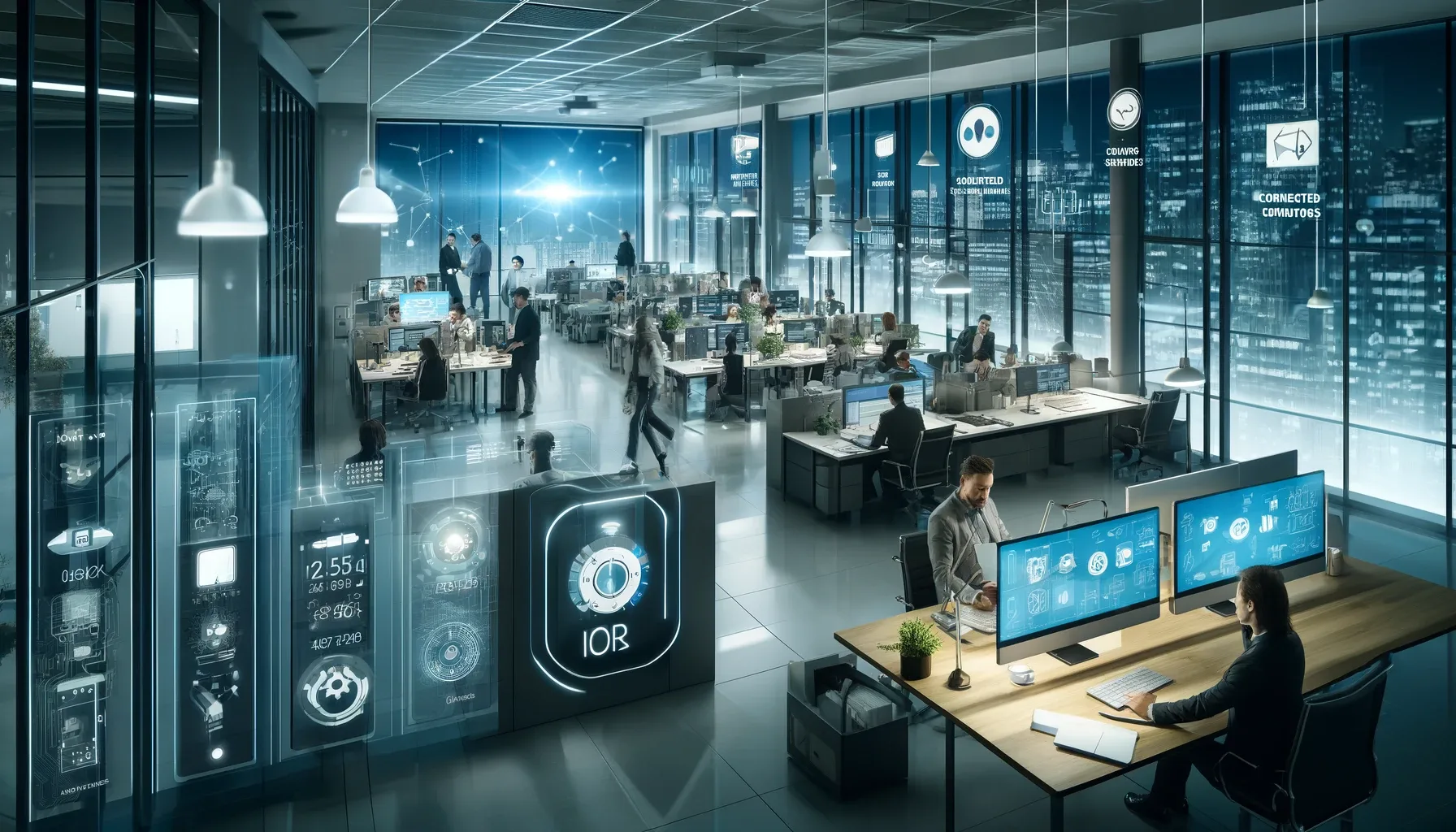 An office environment equipped with IoT devices like smart thermostats, lighting controls, and connected sensors enhancing operational efficiency