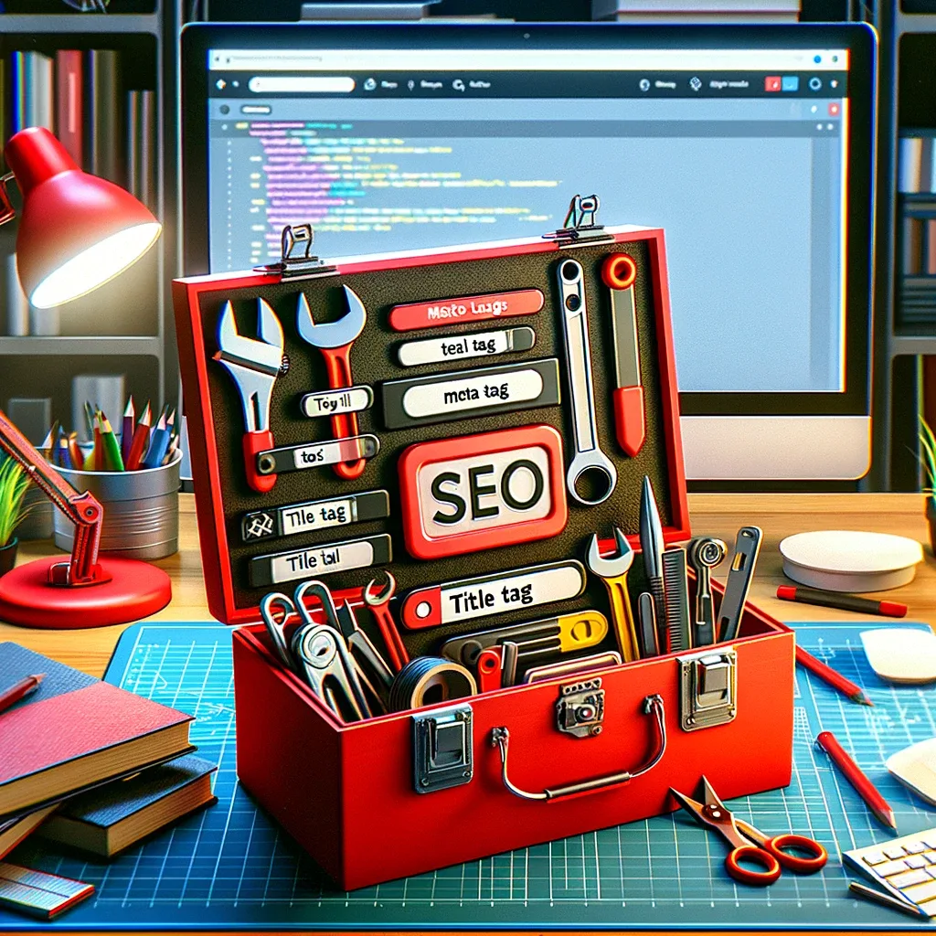 A vibrant red toolbox open on a web developer's desk, filled with SEO elements such as meta tags, title tags, and structured data symbols, alongside a laptop displaying a website's backend.