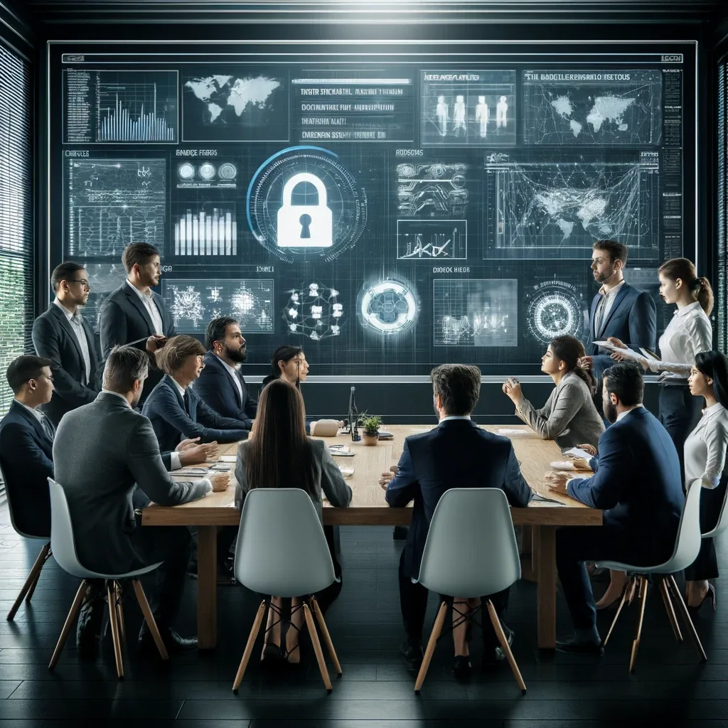 A professional IT security team conducts a risk analysis meeting in a modern office, with digital screens showing graphs and data points of software vulnerabilities, underscoring the necessity of up-to-date security practices