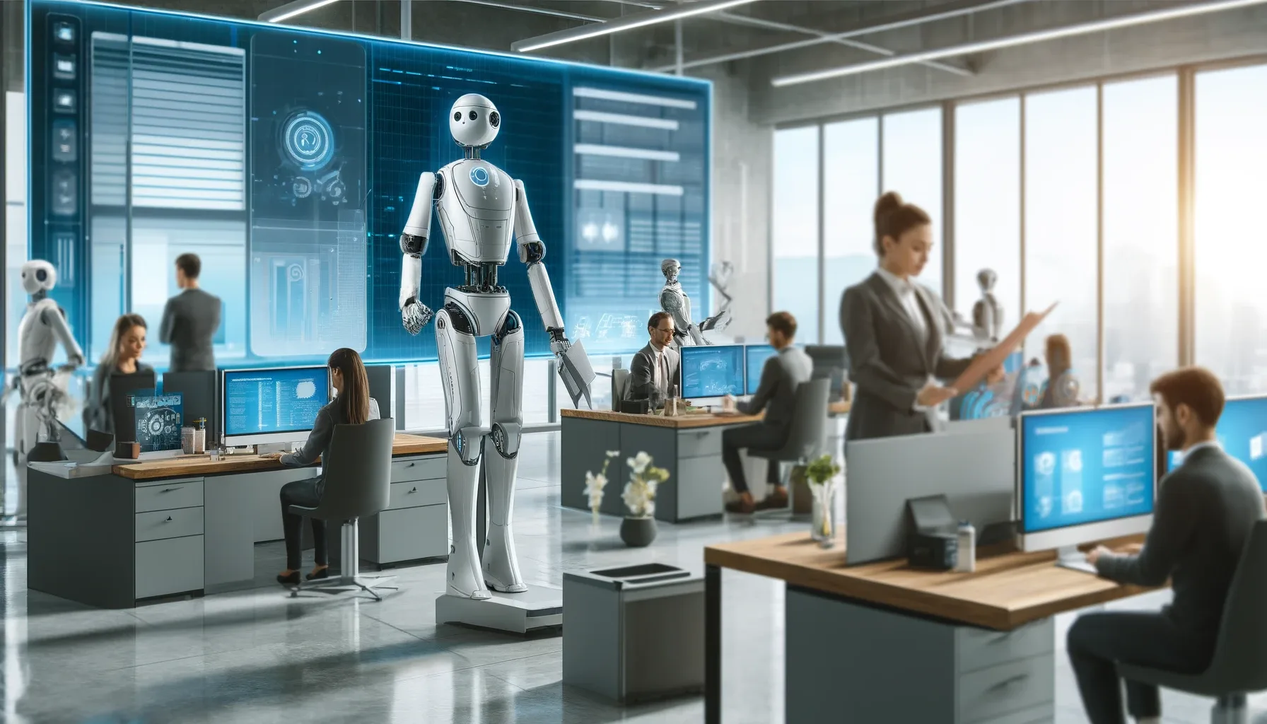 Futuristic office with AI-powered robots assisting employees, depicting the future of workflow automation