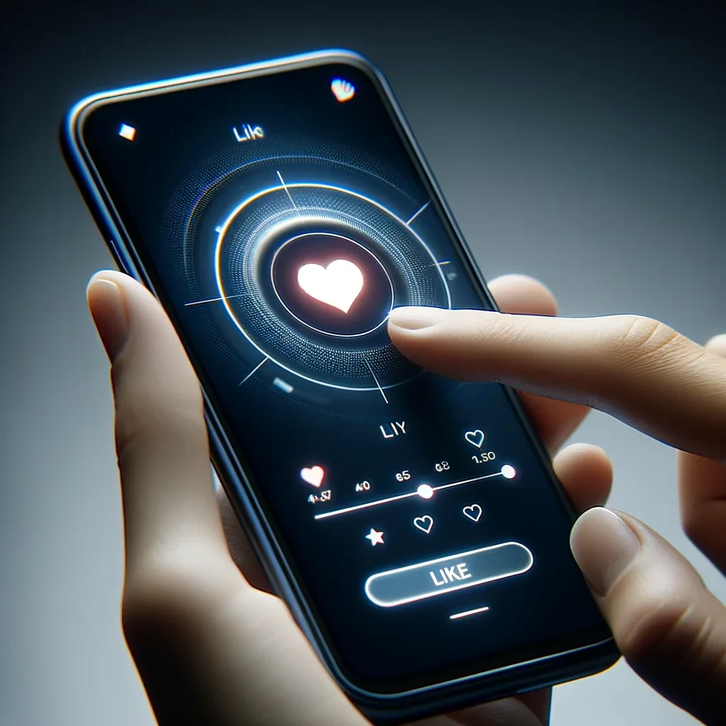 A close-up view of a user's hand interacting with a smartphone, where a heart icon fills up to symbolize a 'like', showcasing the importance of micro-interactions and detailed feedback in current UX design trends