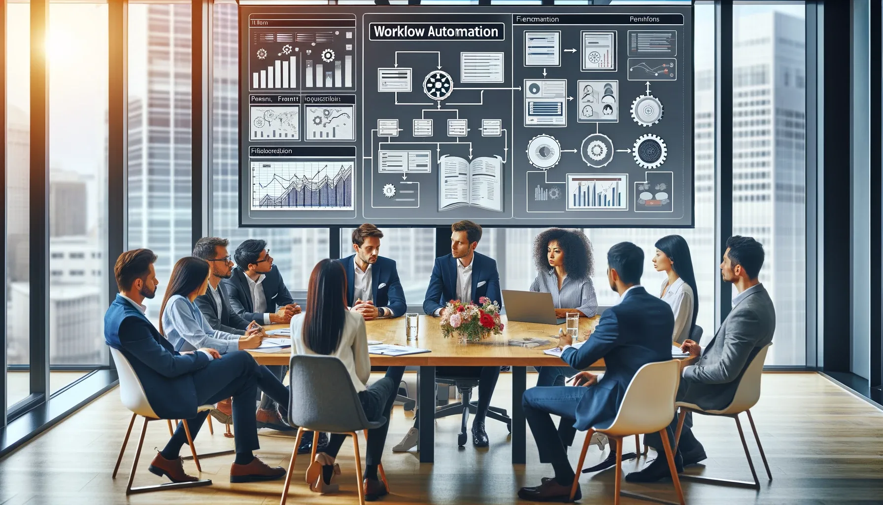 A business meeting with a diverse team discussing workflow automation strategy with charts and diagrams displayed on a large screen