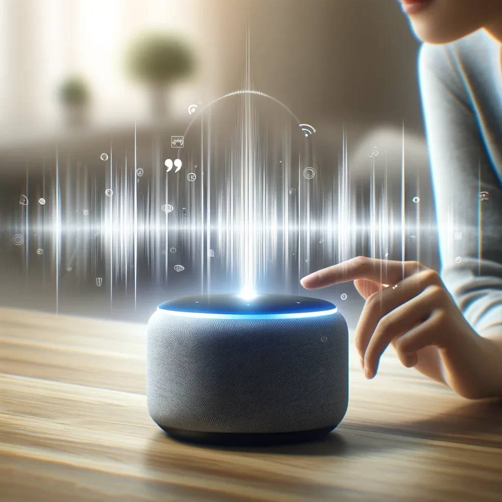 A person interacts with a stylish voice-activated device on a modern desk, with visualized sound waves indicating digital responses, set against a cozy living room background, highlighting the convenience of voice user interfaces in modern living spaces.