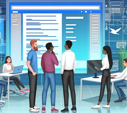 A digital illustration showing a team of developers brainstorming around a large screen displaying a custom web app interface.