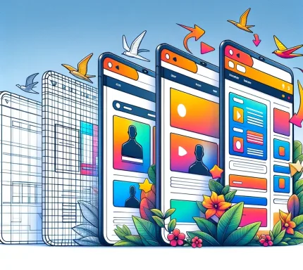 Illustration showing the transition from basic wireframes to colorful, fully-realized web pages, capturing the journey from concept to live website.