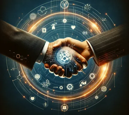 A professional handshake blending with digital elements, representing a flexible and customized partnership in digital solutions tailored to specific client needs, showcasing the integration of business values and digital innovation.